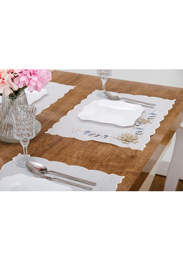 Finezza Linda Nakışlı Keten Efekt Kumaş Krem Mavi A.Servis 33x45 cm 4 Ad.-1400 Krem