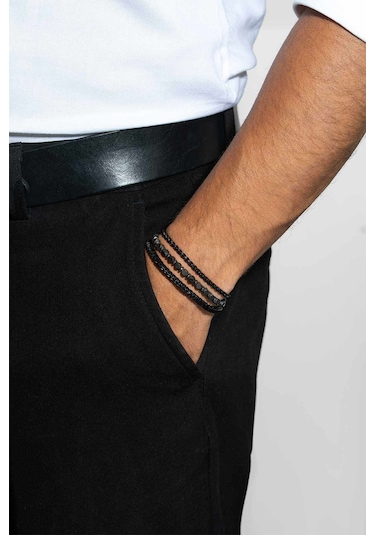 Gri Hematit Taşlı Ayarlanabilir Erkek Çelik Üçlü Bileklik Seti Siyah