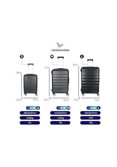 Vegmann Delphin Siyah 3 Lü Valiz Seti Siyah