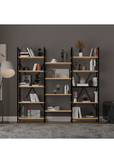 6 Raflı Metal Kitaplık Üç Modül-metalk03-safir Meşe