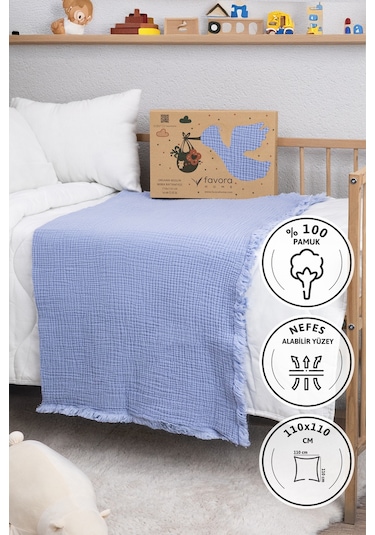 Favora Pamuk 4 Katlı Müslin Bebek Örtüsü 110 x 110 CM - Mavi