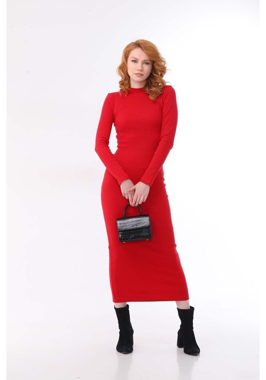 Kallima Kırmızı Bodycon Dik Yaka Uzun Kollu Fitilli Elbise-130 Cm Kırmızı