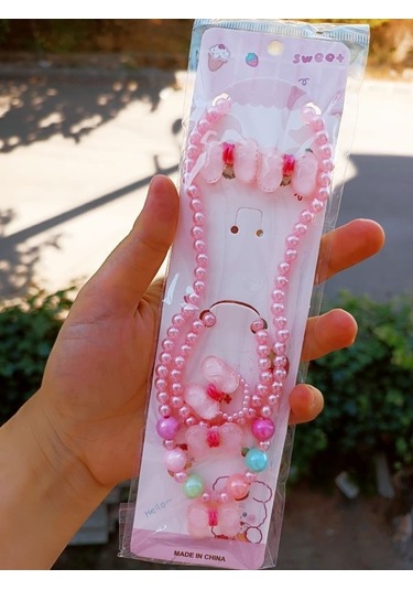 Minnie Mause Figürlü Çocuk Takı Seti Kolye,bileklik,yüzük,kilipsli ,küpe - Pembe