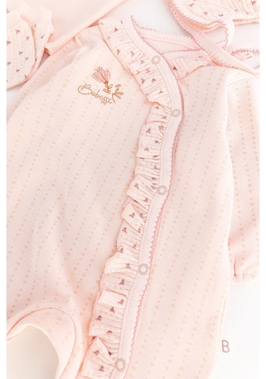 Çiçek Desenli Fırfırlı Pamuklu 10 Parça Kız Bebek Hastane Çıkışı Bebek Takımı Somon