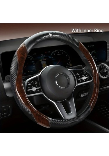 Chuangyinshop Gray Deri Direksiyon Kılıfı - Ahşap Desen Karbon Fiber Mikrofiber 14 1/2-15 İnç Konforlu Kaymaz Gri