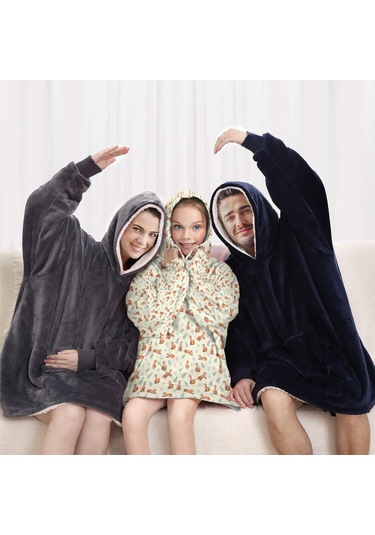 Fox Desenli Çocuk Giyilebilir Battaniye Hoodie, 6-13 Yaş İçin Kalın Flanel Kapüşonlu-a5 Fox Fern Leaf