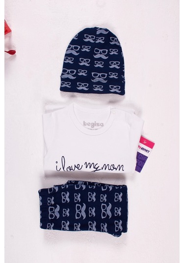 Bıyık Gözlük Desenli 3'lü Erkek Bebek Takımı Lacivert