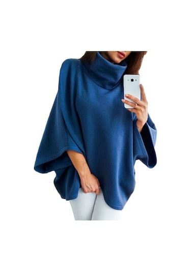 Sıcak Kadın Düz Renk Pelerin Kaplumbağa Yaka Yarasa Kollu Kazak Ponço Mavi