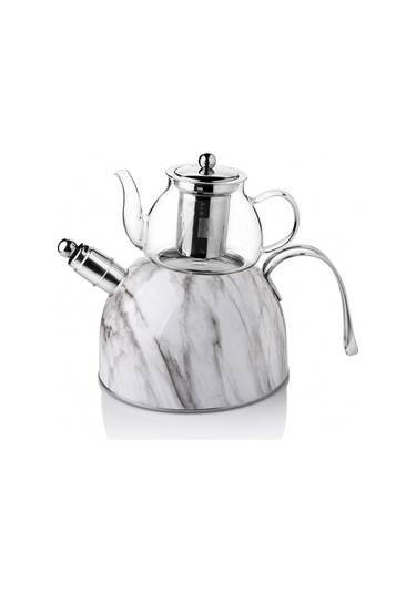 Nishev Mermer Düdüklü Çelik Cam Çaydanlık Takımı Beyaz Beyaz