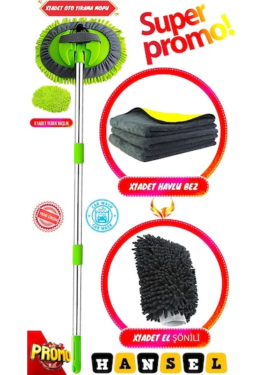 Araba Yıkama Fırçası Oto Yıkama Seti Mop Mikrofiber Bezli Teleskopik Saplı 1 Yedek Bez Hediyeli