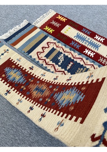 El Dokuma Dekoratif Kilim Seti 3 Adet Renkli %100 Yün Kilim
