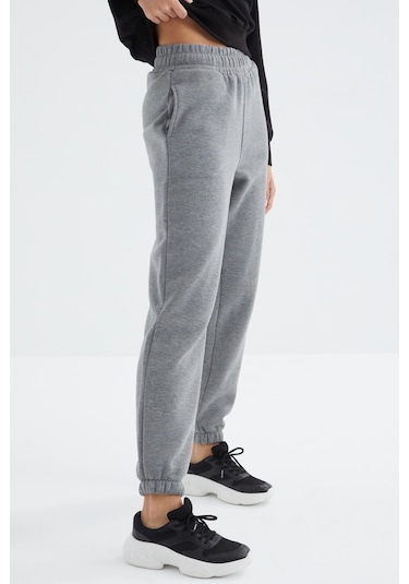 Tommy Life Gri Melanj Yüksek Bel Şardonlu 3 İplik Pamuklu Basic Kadın Eşofman Alt - 94624 GRİ MELANJ