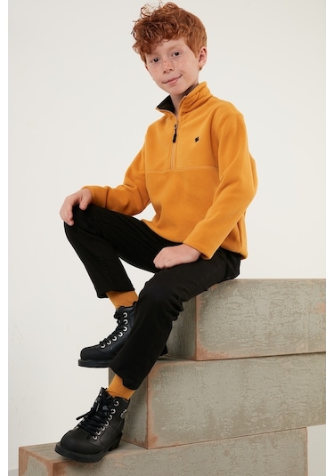 Lela Yumuşak Dokulu Fermuarlı Dik Yaka Şardonlu Kışlık Unisex Çocuk Polar 5905002 Hardal