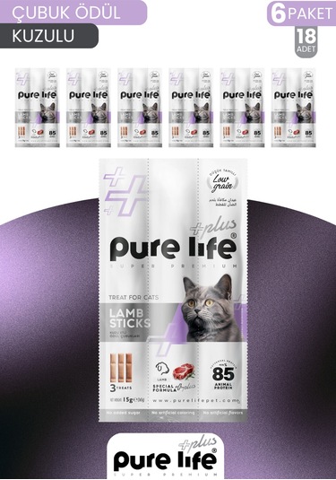 Purelife Plus Stick Kuzu Etli Kedi Ödül Çubukları 6 x 15 G