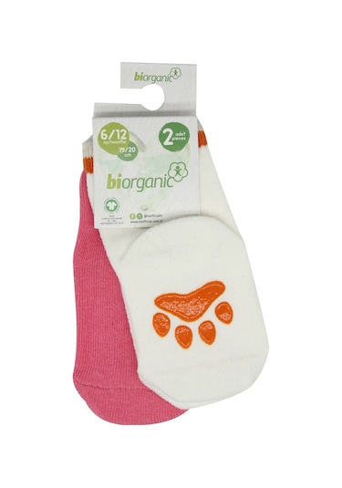 Bibaby Biorganic Paw 2'Li Kaymaz Çorap 68393 Fuşya Ekru