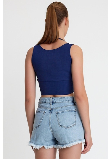 Polo State Kadın Ense Biye Detaylı Crop İndigo