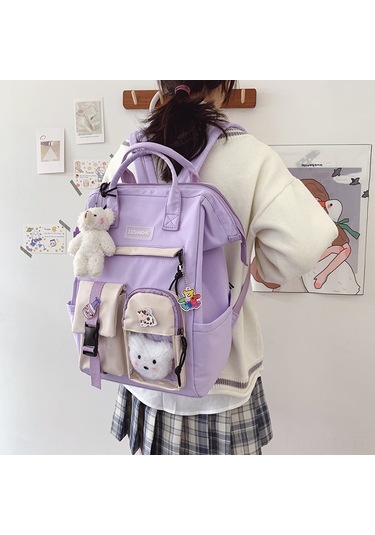 Samdoo Kadın Üniversite Öğrencisi İçin Büyük Kapasiteli 16" Siyah Çift Askılı Çanta - Badge Aksesuar, Dayanıklı Kumaş, Modern Stili Siyah