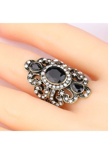 Vintage Ethnic Style Exquisite Carved Inlaid Acrylic Resin Hollow Ring, Ring Size:7 Green Çok Renkli