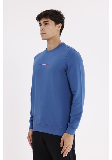 Rowinger Minimal Göğüs İşlemeli Rahat Kalıp Esnek Manşetli Mevsimlik Bisiklet Yaka Sweatshirt İndigo