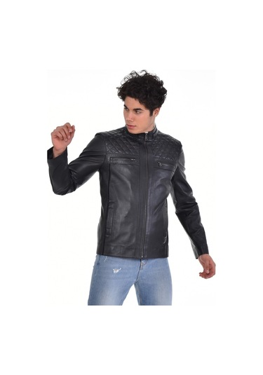 Hakiki Deri Siyah Erkek Deri Mont Omuzdan Baklava Desenli Dört Cepli Deri Ceket Siyah