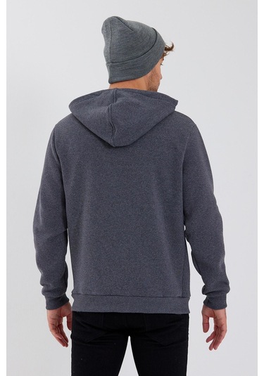 Erkek Baskılı Kapüşonlu 3 İplik Sweatshirt Antrasit