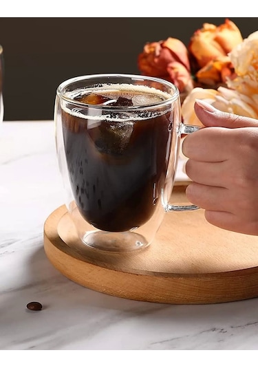 Çift Cidarlı Bardak Kupa 350 Ml Ev Ofis Espresso Kahve Çay Fincanı Borosilikat Kulplu Cam Bardak