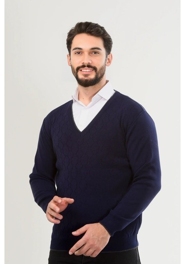 Kamalı Lacivert Erkek V Yaka Triko Uzun Kol Standart Fit Tüylenmeyen Triko Kışlık Örgü Kazak Lacivert