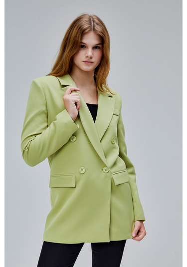 Açık Haki Regular Astarlı Kruvaze Kapama Dokuma Oversize Blazer Ceket Açık Haki