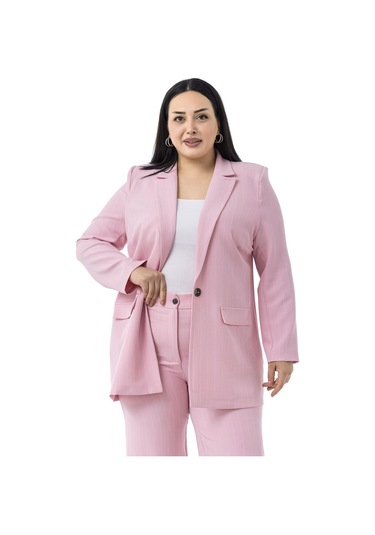 Büyük Beden Çizgili Pembe Ceket Pantolon İkili Takım Pembe