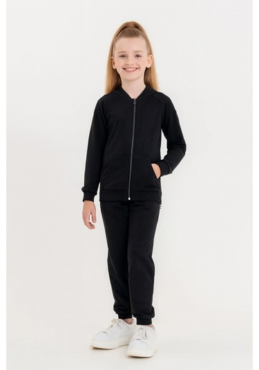 Kız - Erkek Çocuk Basic Fermuarlı Okul Eşofman Takımı Ak0785 Siyah