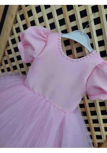 Yakası İncili Pembe Elbise Pembe