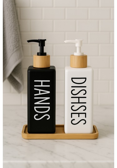 Dekorasyaa 2li Dikdörtgen Cam Sıvı Sabunluk 380ml - Bambu Stantlı Siyah - Beyaz