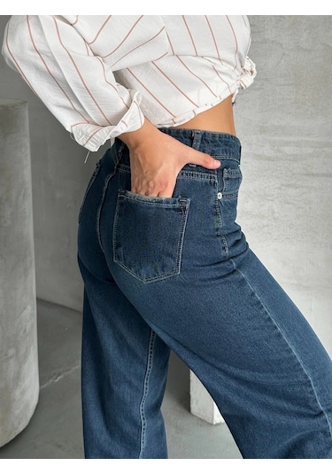 Palazzo Bıyık Enzim Yıkama Jeans Pantolon Koyu Mavi D2008 Mavi