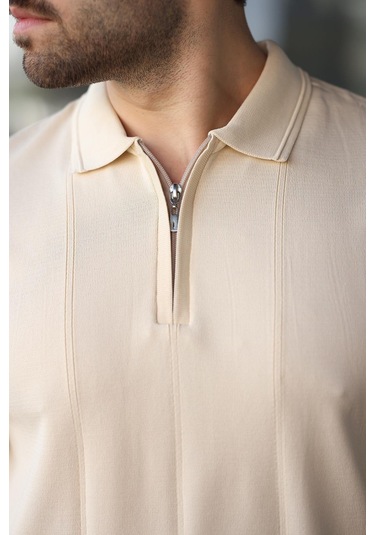 Taş Rengi Yeşili Polo Yaka Fermuarlı Erkek Kazak E7427 Taş Rengi