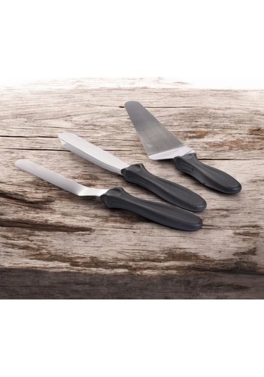 Mybru Paslanmaz Çelik Kaymaz Saplı 3'lü Spatula Seti Metalik Gri