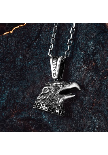 925 Ayar Gümüş Üç Boyutlu Kartal Kafası Tasarım Erkek Kolye Gümüş