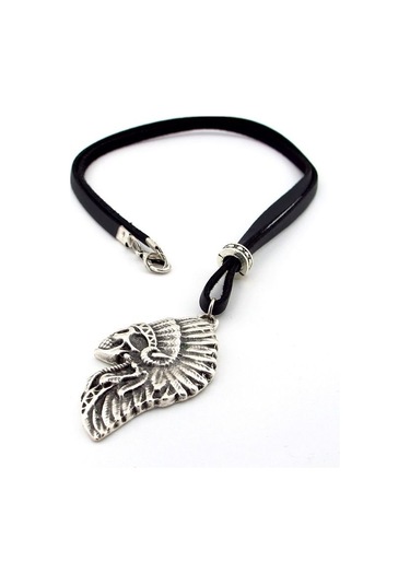 Solfera Kızılderili Kurukafa Siyah Deri Metal Erkek Kolye Q0592 Gümüş