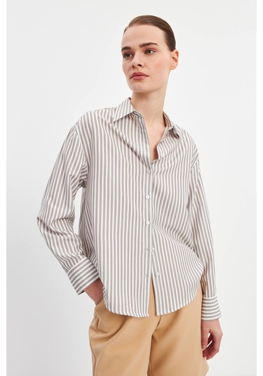 Stella Pulvis Kahverengi Oversize Çizgili Gömlek Kahverengi