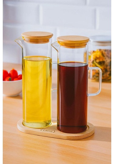 Bambu Altlıklı 2 Li Cam Yağlık Yağdanlık Sirkelik 400ml-400ml Şeffaf