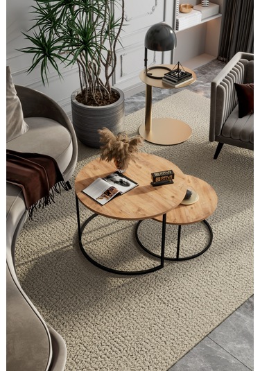 Orta Sehpa Bade İkili Lüx Yan Sehpa Masa Atlantik Çam Kahverengi