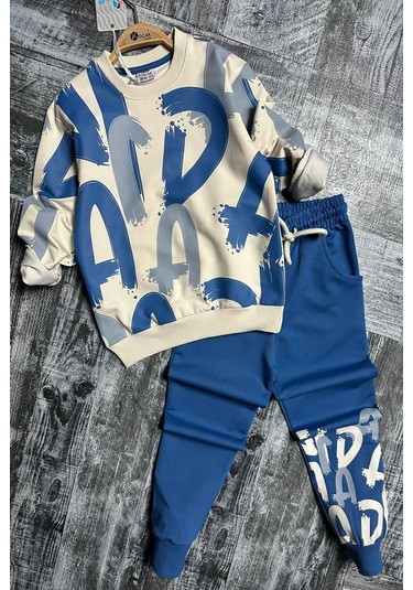 Harf Desenli Mavi Renk Erkek Çocuk Eşofman Takım Mavi