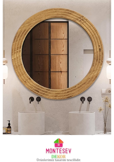 Antik Ahşap Dekoratif Ayna Yuvarlak Banyo Duvar Aynası 56 Cm Naturel
