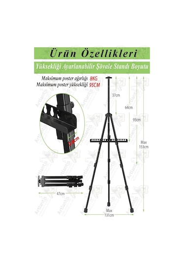 Metal Şövale 1 Adet Siyah Teleskopik Ayaklı Çantalı Resim Şövale Portatif Ayarlanabilir Tripod Üç Ayaklı Alümünyum