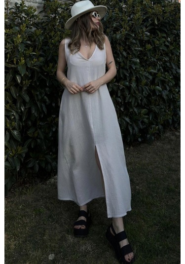 Kadın Bej Askılı İthal Müslin Kumaş, Önü Ve Arkası V Yaka, Önden Yırtmaçlı, Maksi/uzun Salaş Elbise Taş