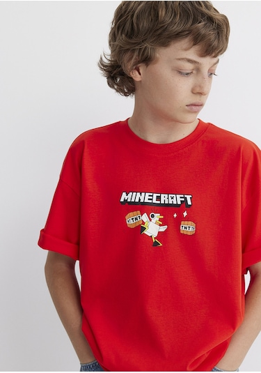 Mavi - Minecraft Baskılı Kırmızı Tişört 6610343-88523 Kırmızı