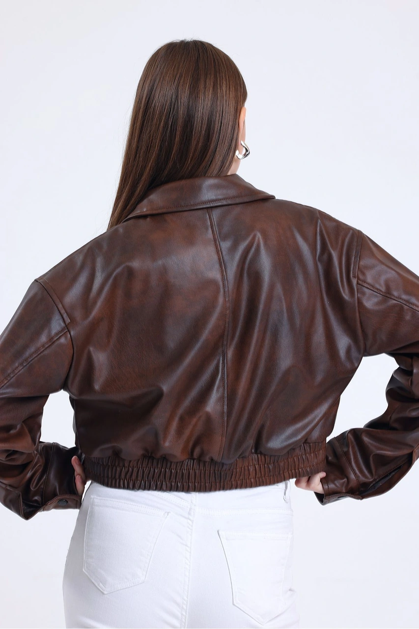 Kadın Deri Oversize Astarlı Kol Çıt Çıt Düğmeli Deri Mont Fermuar Kapamalı Kolej Mont Kahve Kahve