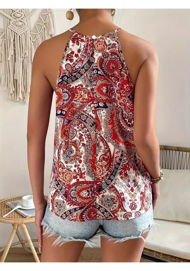 Leyla Sanat Sanata Yeni Bir Bakış Açısı Kadın Halter Kollu Damla Detaylı Desenli Süprem Bluz Kırmızı