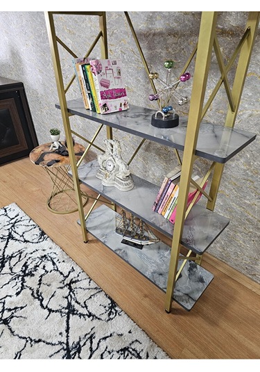 Çıkıntılı Gold Boyalı Kitaplık - 5 Raflı Suntalem Lüks Kitaplık M Çok Renkli