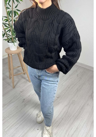 Explode - Kadın Siyah Yarım Boğazlı Örgülü Oversize Triko Kazak Siyah
