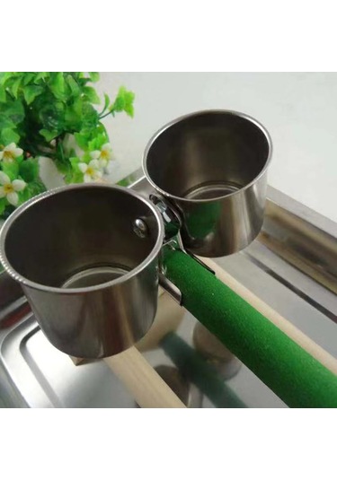 Yuntech01 Kuş İçme Yeme Aleti - Paslanmaz Çelik Kupa + Ahşap Çubuk - Tek Kupa - Kuş Yemleme Takımı